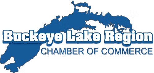 Blue logo for Buckeye Lake Region Chamber of Commerce, featuring the lake's outline.
